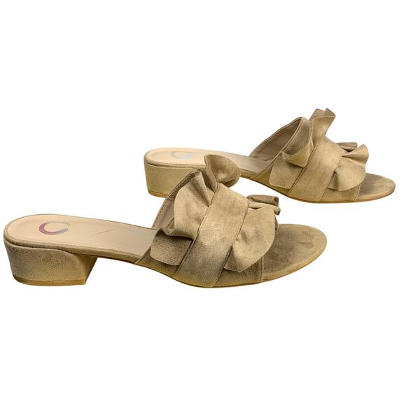 Tan Ruffled Faux Suede Slide Sandals Low Block Heel Size 9.5 NWOT - Picture 2 of 9